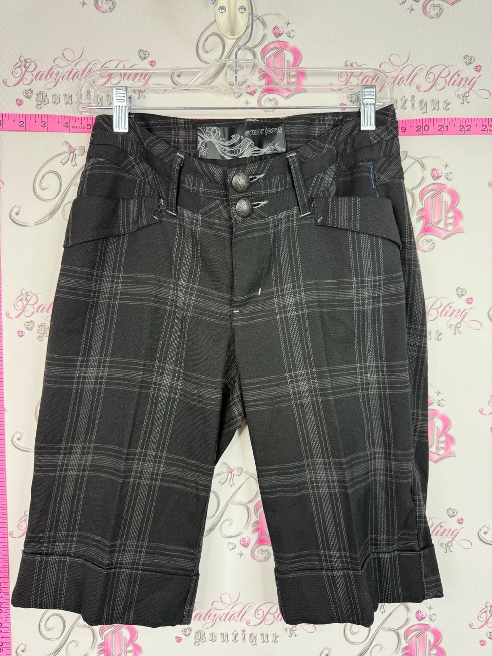 le chateau y2k capri Black Gray Plaid Capris with Double Button Waist